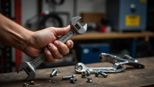 Adjustable wrench in hand repair tools on workbench. Close up of adjustable spanner held by person. Handyman uses adjustable wrench for fixing.  Professional tools for home repair and maintenance.