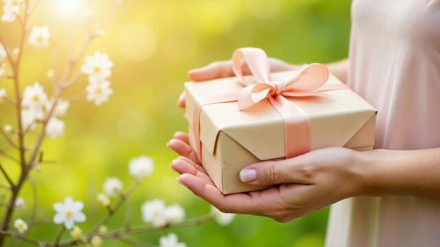 Mothers Day gift in hands, spring flowers background. Mothers Day present wrapped in kraft paper tied with pink ribbon. Thoughtful Mothers Day gift concept for greeting cards, social media posts, or b