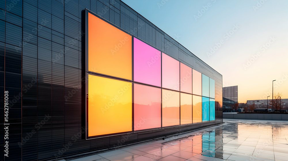 Aufkleber modern building facade with colorful illuminated panels. aesthetically pleasing design suitable for 