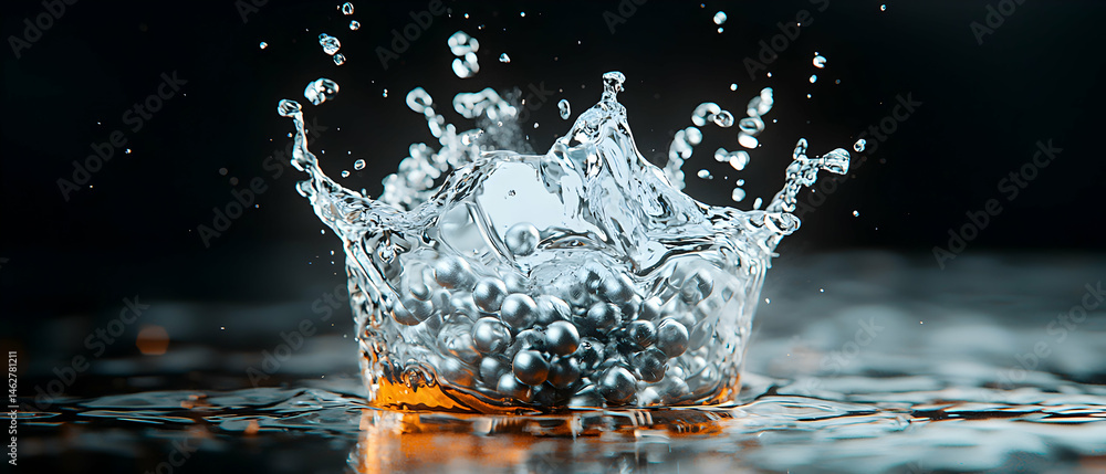 Poster water splash capturing a crown shape around metallic spheres. it suits science presentations showcas