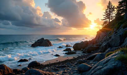 Scene Composition: Majestic, sprawling landscapes of rugged coastlines with weathered stone cliffs and endless ocean vistas beneath dramatic, wispy clouds in late golden hour. Rich, moss-covered tree 
