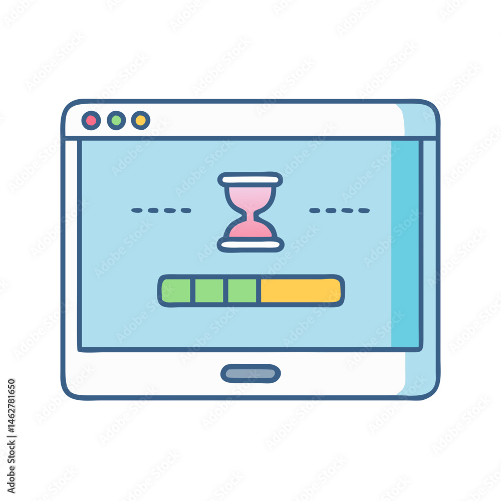 Poster Loading progress bar interface with hourglass icon on screen for web design and development project