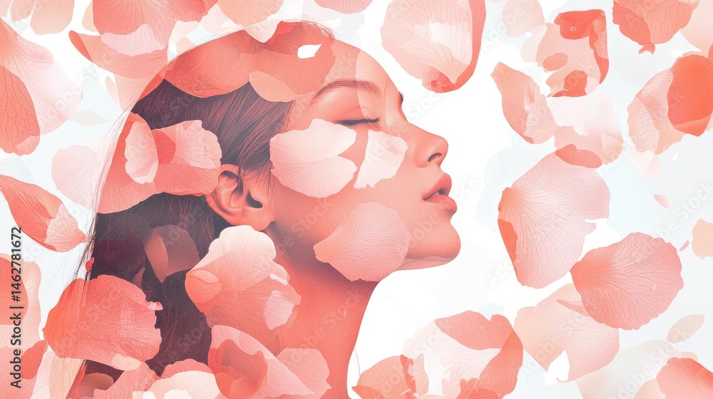 Poster a woman with a soft expression is surrounded by floating petals that create a dreamy atmosphere. the