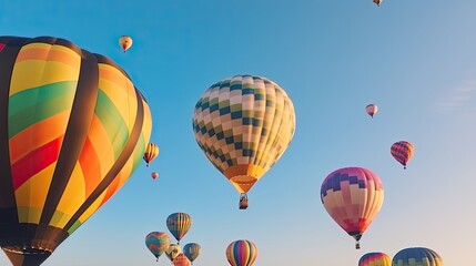 Obraz premium Colorful hot air balloons in the sky during a summer festival, clear weather, joyful tone 