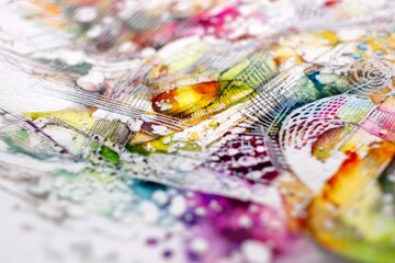 Abstract Watercolor Guitars - A vibrant abstract watercolor painting featuring overlapping guitar shapes and musical notes, creating a dynamic and colorful composition