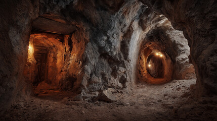 Ancient Mine with Rugged Walls Illuminated by Torches