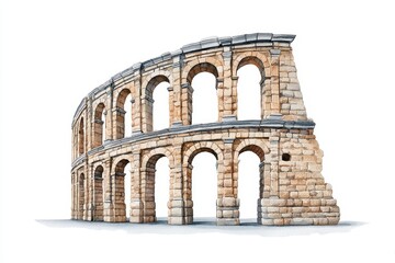 Obraz premium Ancient Roman Amphitheatre Ruins - A watercolor illustration of a section of an ancient Roman amphitheatre, showcasing its weathered stone arches and architectural details against a white background