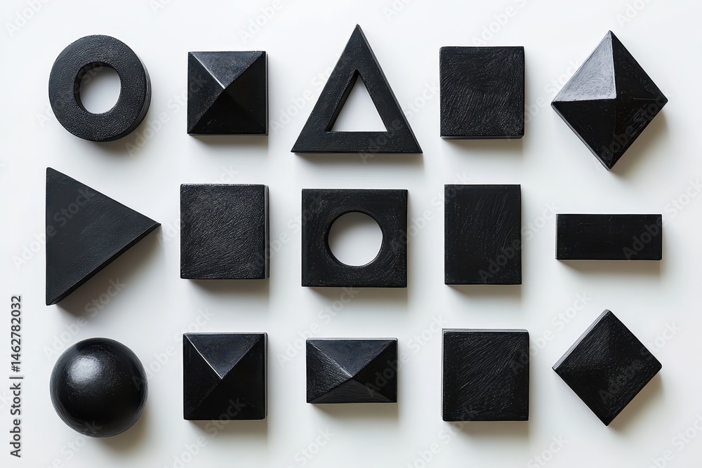 Poster collection of black geometric shapes arranged on a white surface in an artistic display conveying mo