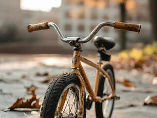 Obraz premium An artistic close-up reveals the weathered front of a vintage bicycle resting outdoors. Peeling yellow paint and aged chrome evoke nostalgia for simpler times perfect for autumn themed designs or retr