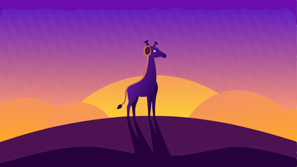 Giraffe Sunset Chill Here a giraffe stands on a hill during sunset its silhouette framed against a gradient sky of orange and purple hues. The oversized headphones rest comfortably
