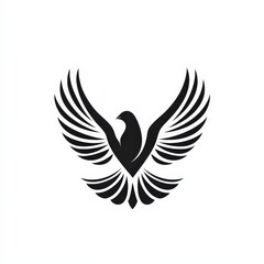 Obraz premium A black stylized bird with outstretched wings forms a symmetrical, modern logo on a white background.