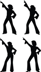 Set of 70s Disco Dancer Silhouette with Pointing Pose – Retro Vector in Bell-Bottoms on White Background