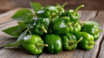 Fresh green bell peppers on rustic wood