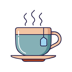 Illustration of a cup of tea with steam, tea bag, and saucer for relaxation and comfort drink