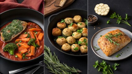 Savory fish fillet nestled with colorful vegetables, chicken meatballs, rosemary seasoned roasted meat creating gourmet dinner plate