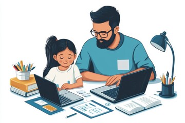 Father and daughter engage in digital learning with laptops at home in a modern urban setting during daylight hours