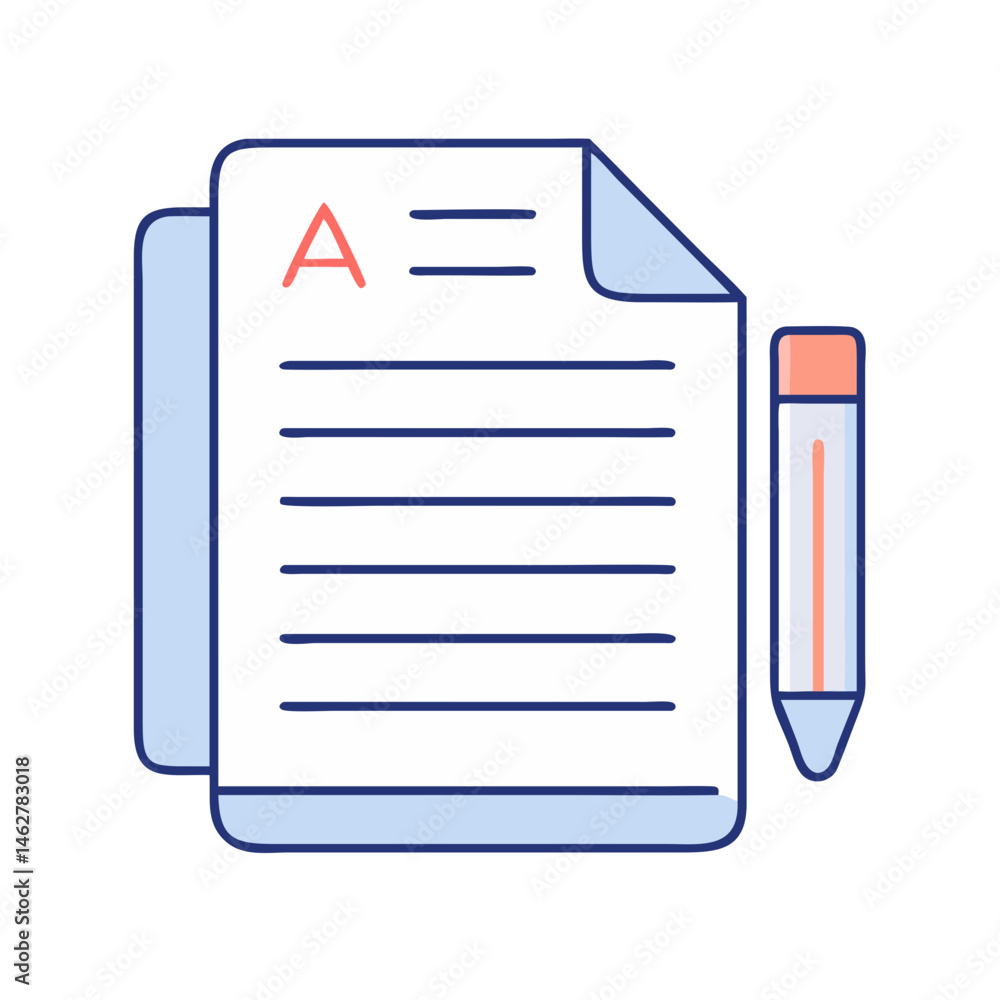 Poster illustration of document paper sheet with text lines and pencil for writing and editing content