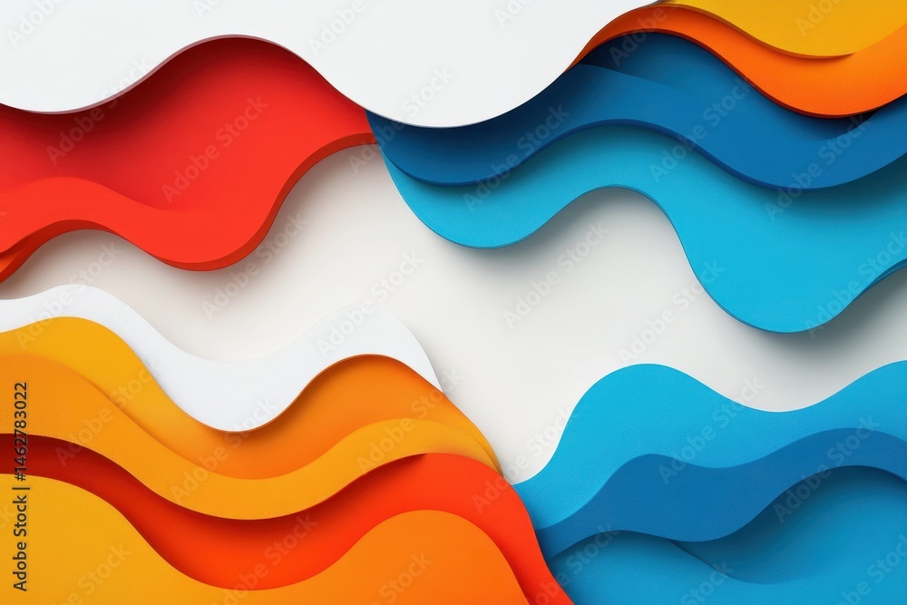 Poster Dynamic abstract design featuring colorful wave patterns in red, orange, blue, and white with a clean and modern aesthetic ideal for digital backgrounds or graphic projects