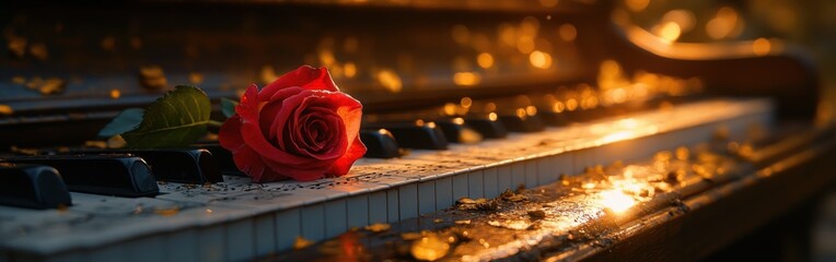 Red Rose on Piano Keys with Autumn Leaves in Warm Sunset Light