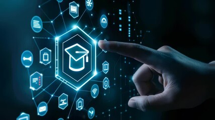 A hand touches a digital interface with an icon of a graduation cap inside a hexagon, surrounded by interconnected tech symbols, representing online education and modern learning concepts. - Powered by Adobe