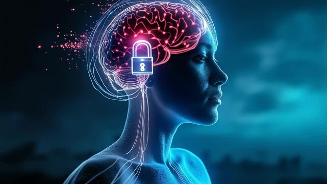 Cybersecurity concept Secured brain with digital lock