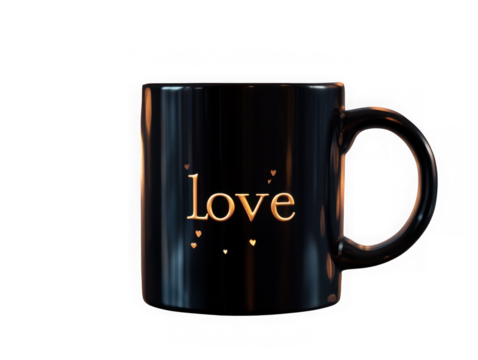 Dark mug with love text isolated on white background
