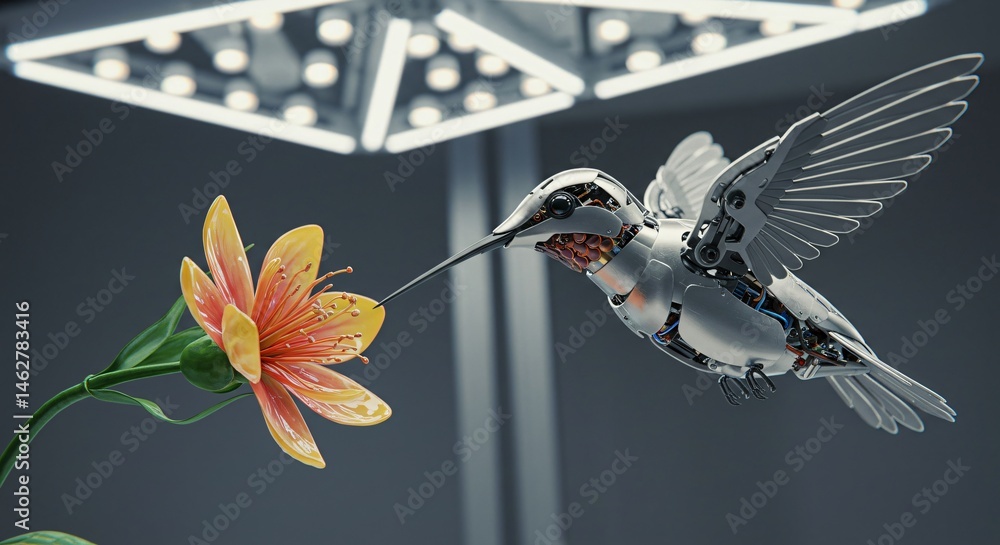 Poster robotic hummingbird approaching a flower, representing the delicate intersection of technology and n
