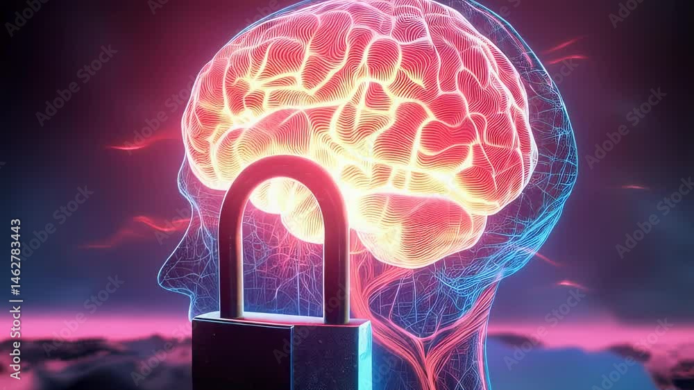 Poster cybersecurity concept padlock securing a glowing brain