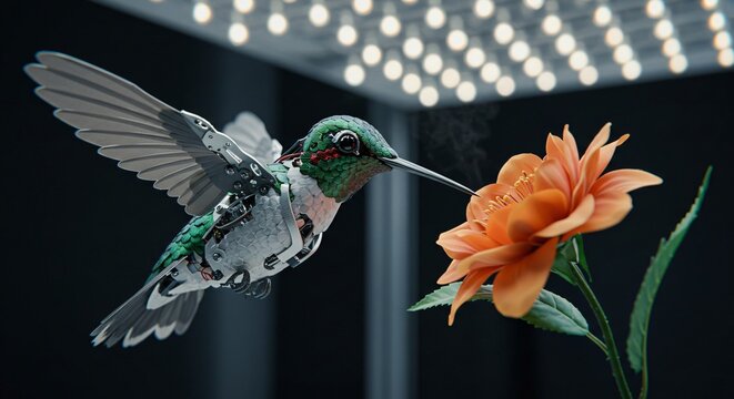 Robotic hummingbird approaching a flower. Advanced bionic drone bird. Future pollination technology and artificial nature concept. Illustration for science.