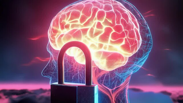 Cybersecurity concept Padlock securing a glowing brain