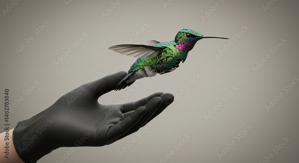 Poster bird like drone with mechanical components in a person hand with a black glove. concept of advanced 