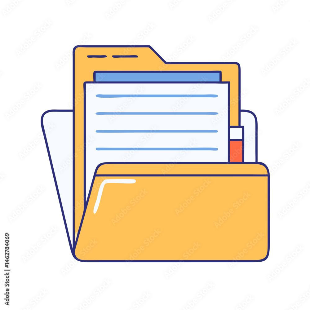 Poster vector illustration of yellow file folder with documents for organizing information data