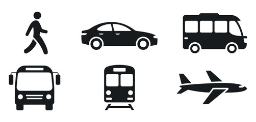 Simple Black Icons Set of Transportation Modes Pedestrian Car Bus Train Airplane