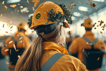 Worker in yellow hard hat with foliage faces a bustling industrial environment amidst flying debris an image of resilience and industry innovation.