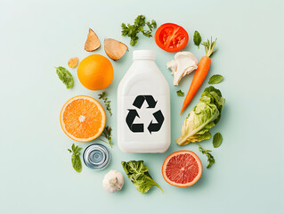 This flat lay image features a recycle bottle surrounded by fresh produce and food scraps promoting sustainability and mindful consumption this is perfect for eco-friendly campaigns.