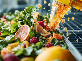 Fresh ingredients including vibrant greens citrus fruits and raspberries are dynamically mixed with diced fruit from an automated dispenser perfect for health food ads or recipe visuals