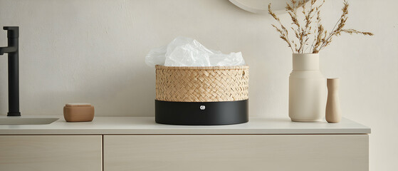 A modern light-filled interior scene featuring a countertop with a unique woven basket holding plastic bags. This versatile storage solution is perfect for organizing essentials in a contemporary home