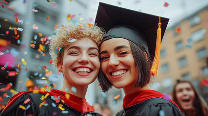  Happy lesbian couple celebrating happy graduation day. 