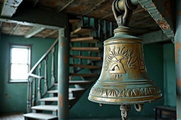 Fototapeta premium Antique brass bell in rustic interior with wooden spiral staircase