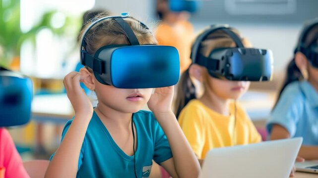 Children wearing VR headsets, focused and engaged in a virtual learning experience. Classroom setting with laptop, showcasing modern education. Immersive experience. - Powered by Adobe