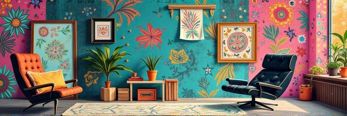 Vibrant artistic living room with retro chairs and colorful floral wall art