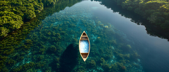 Serene aerial view of a transparent-bottom canoe on a clear blue lake surrounded by lush green trees with visible underwater foliage. Perfect for nature tourism and eco-travel promotions.