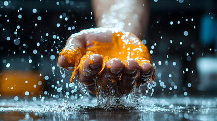 A vibrant orange substance held in a hand interacts with splashing water creating a dynamic visual spectacle an abstract and artistic representation ideal for themes of creativity and fluid motion.