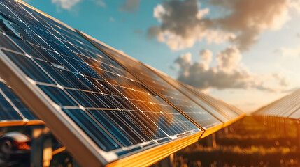 Solar panels capture sunlight against a vibrant sky ideal for clean energy promotion sustainability reports and environmental initiatives showcasing a bright future for renewable resources.
