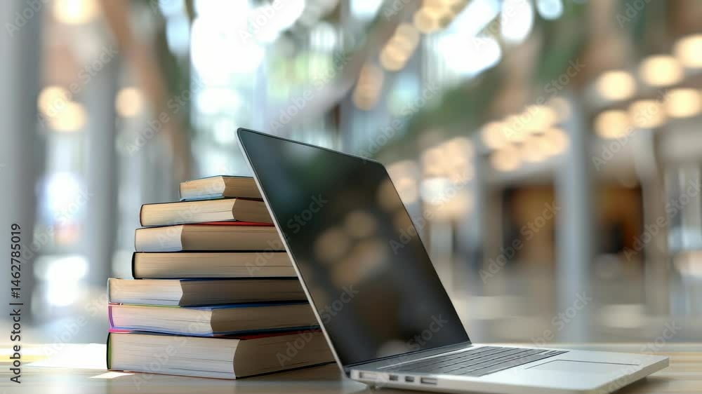 Poster This image shows a learning setup, where a laptop is leaned against a stack of books, contrasting digital and physical education. The scene is set indoors with soft, out-of-focus lighting.