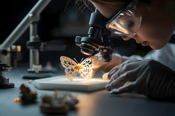 A dedicated scientist examines an intricate biological structure under a microscope. This image suggests advanced research into bioengineering and microscopic life forms perfect for scientific publica