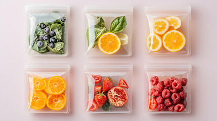 Fresh colorful fruits and greens in transparent storage bags perfect for healthy meal prep organization and smart kitchen storage ideal for home use and on-the-go healthy snacking solutions