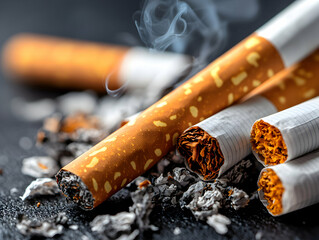Close-up of burning and unlit cigarettes amidst scattered ash highlighting the textures of tobacco and smoke a stark visual of smoking's impact perfect for public health campaigns or anti-smoking advo
