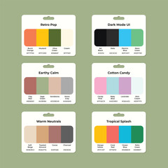 Color Palette Collection Featuring Retro Pop, Dark Mode UI, Earthy Calm, Cotton Candy, Warm Neutrals, and Tropical Splash