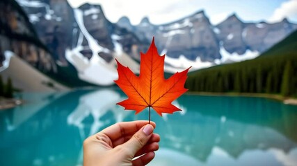 Hand holding a maple leaf near a lake and mountains, for advertisement